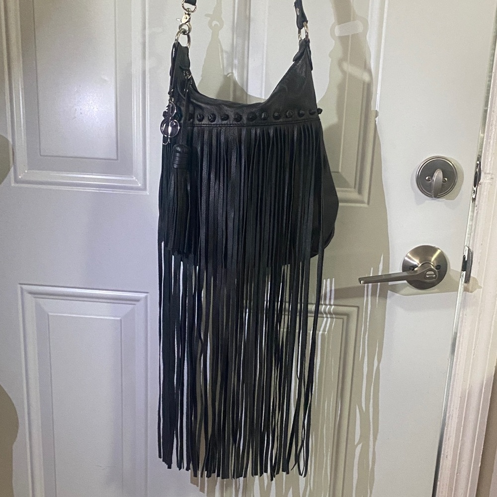 Carlos Falchi Black Fringe Leather Bag